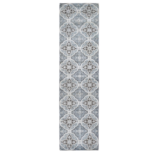 Gray Silk With Textured Wool Repetitive Design Hand Knotted Runner Oriental 