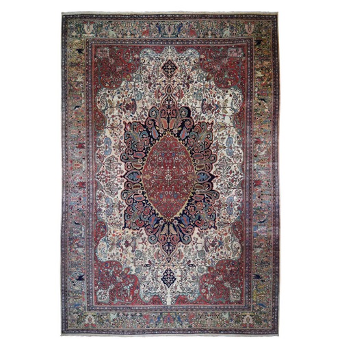 Ivory,  Oversized Antique Persian Sarouk Fereghan With Birds Full Pile And Soft Hand Knotted Oriental Rug 