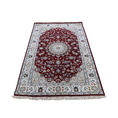 Cherry Red Nain with Center Medallion Flower Design Pure Wool 250 KPSI Hand Knotted Oriental Rug