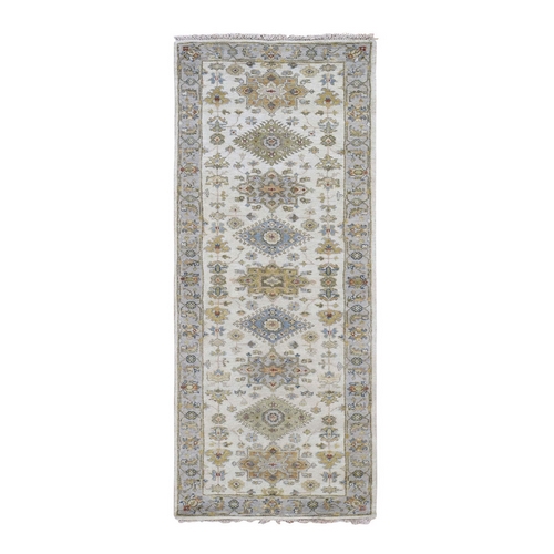 Ivory Pure Wool Geometric Design Runner Hand Knotted Tribal Rug