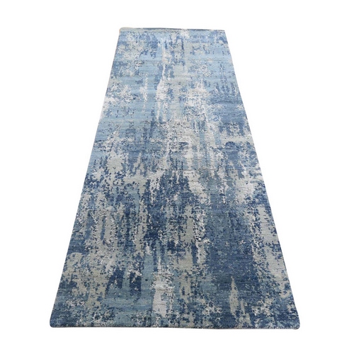 Blue Abstract Design Wool And Pure Silk Hand Knotted Runner Oriental 