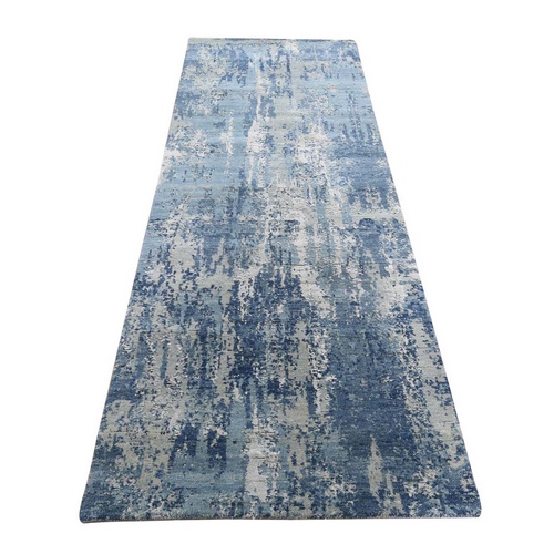 Blue Abstract Design Wool and Pure Silk Hand Knotted Oriental Runner 