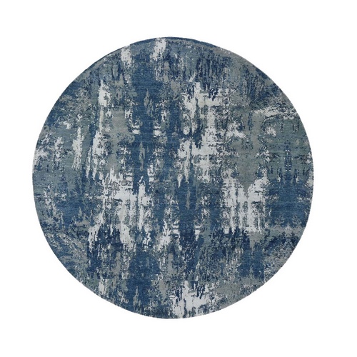 Blue Abstract Design Wool and Pure Silk Hand Knotted Round Oriental 