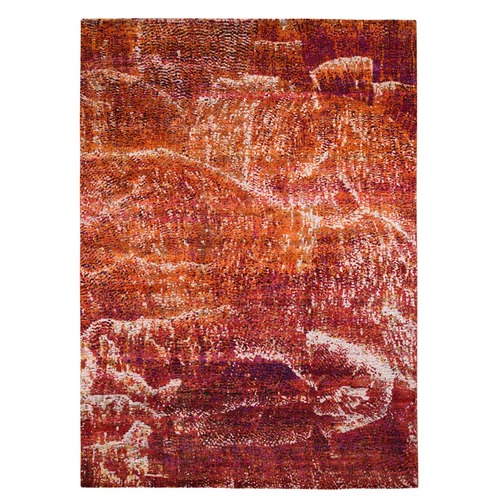 Burnt Orange Mosaic Design Silk With Textured Wool Hand Knotted Oriental 