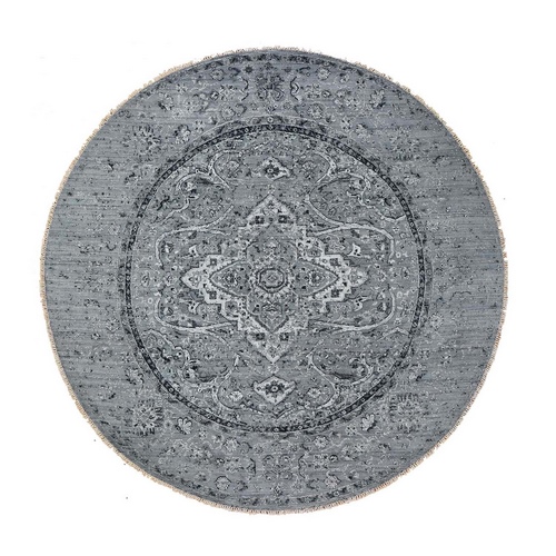 Round Gray Broken Persian Erased Design Pure Silk With Textured Wool Hand Knotted Oriental 