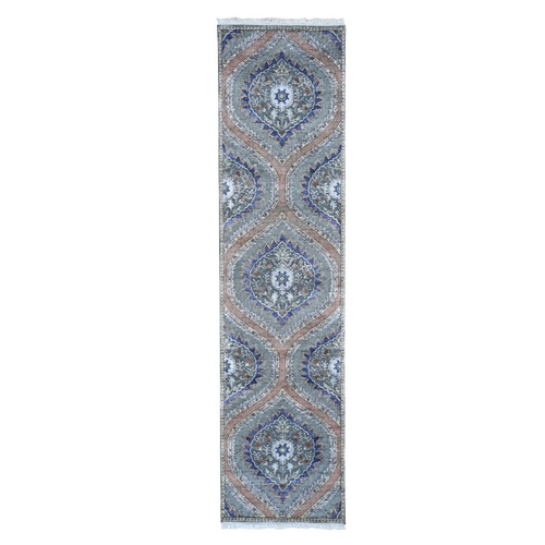 Mughal Design Pure Silk With Textured Wool Runner Hand Knotted Oriental 