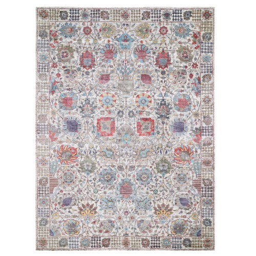 Ivory Silk With Textured Wool Tabriz Hand Knotted Oriental Rug
