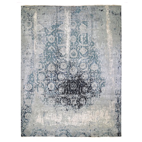 Oversized Blue Broken Persian Tabriz Erased Design Wool And Silk Hand Knotted Oriental 