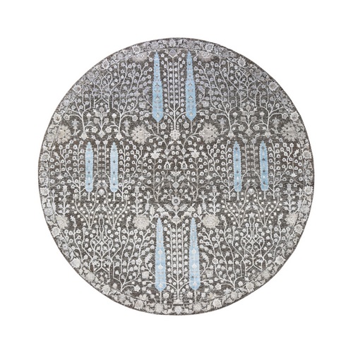 Round Cypress Tree Design Silk with Textured Wool Hand Knotted Oriental Rug