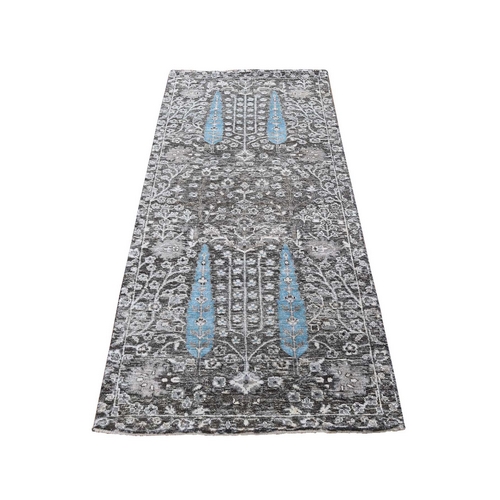 Cypress Tree Design Silk With Textured Wool Hand Knotted Runner Oriental Rug Cypress Tree Design Silk With Textured Wool Hand Knotted Runner Oriental Rug
