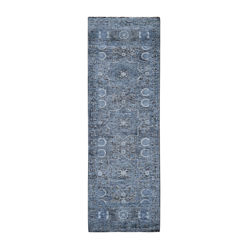Silk With Textured Wool Hi-Low Pile Mamluk Design Hand Knotted Runner Oriental Rug Silk With Textured Wool Hi-Low Pile Mamluk Design Hand Knotted Runner Oriental Rug