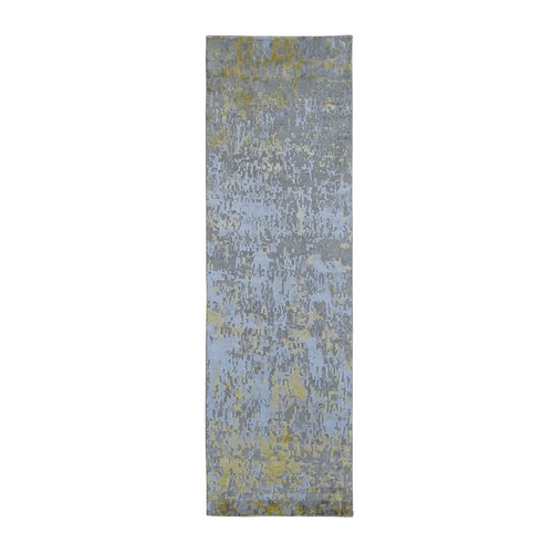 Gold Hi-Lo Pile Abstract Design Wool And Silk Runner Hand Knotted Oriental Rug