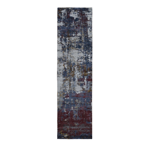 Red Wool and Silk Hi-Low Pile Modern Abstract Design Runner Hand Knotted Oriental 