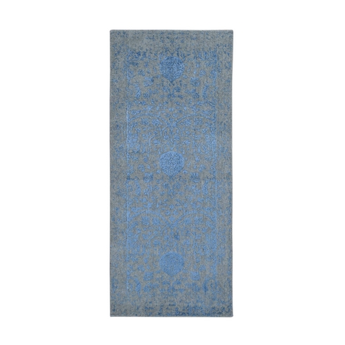 Blue Jacquard Hand Loomed Wool and Art Silk Pomegranate Design Runner Oriental Rug Blue Jacquard Hand Loomed Wool and Art Silk Pomegranate Design Runner Oriental Rug