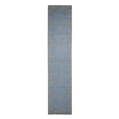 Blue Jacquard Hand Loomed Wool and Art Silk Pomegranate Design Runner Oriental 