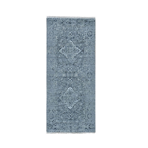 Gray Broken Persian Erased Design Runner Silk With Textured Wool Hand Knotted Oriental Rug Gray Broken Persian Erased Design Runner Silk With Textured Wool Hand Knotted Oriental Rug
