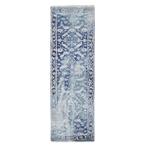Broken Persian Heriz All Over Design Wool And Silk Hand Knotted Runner Oriental Rug Broken Persian Heriz All Over Design Wool And Silk Hand Knotted Runner Oriental Rug