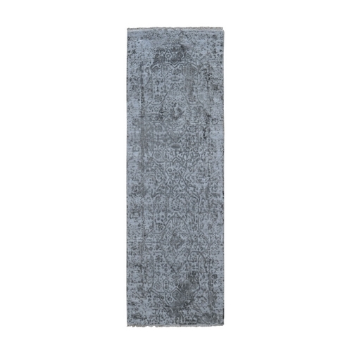 Silver-Dark Gray Erased Persian Design Runner Wool and Pure Silk Hand Knotted Oriental Rug 