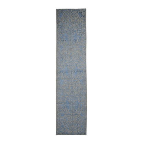 Jacquard Hand Loomed Blue Broken Cypress Tree Design Silken Thick And Plush Runner Oriental 