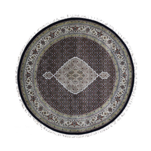 Round Black Tabriz Mahi Wool And Silk Hand Knotted Oriental Rug