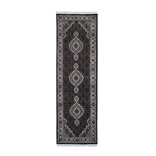 Black Tabriz Mahi Wool and Silk Runner Hand Knotted Oriental Rug Black Tabriz Mahi Wool and Silk Runner Hand Knotted Oriental Rug