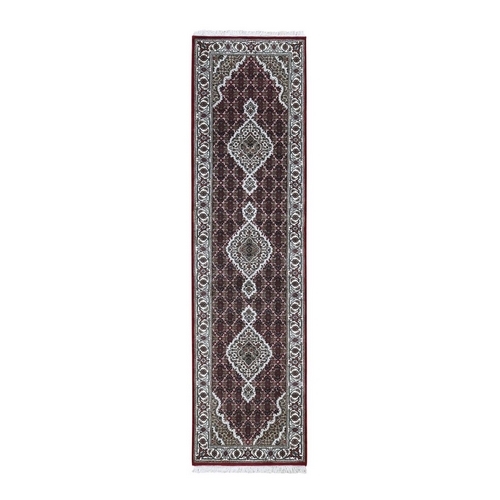 Red Tabriz Mahi Wool And Silk Runner Hand Knotted Oriental Rug Red Tabriz Mahi Wool And Silk Runner Hand Knotted Oriental Rug