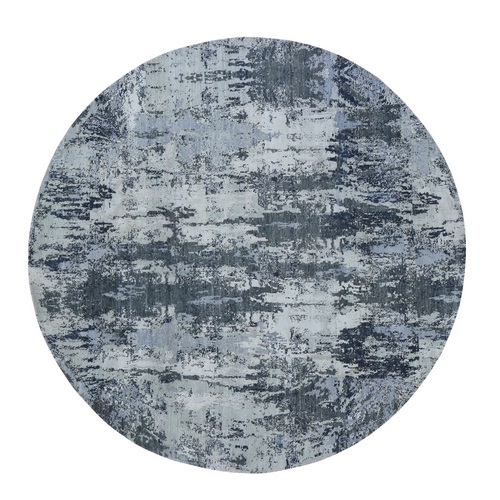 Gray Round Abstract Wool And Pure Silk Hand Knotted Oriental 