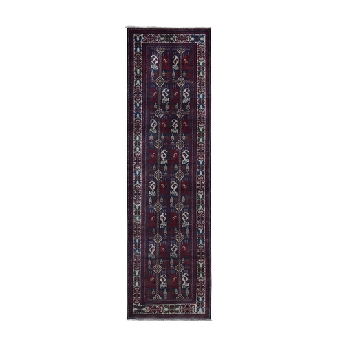 Blue Afghan Khamyab Geometric Motif Runner Denser Weave with Shiny Wool Hand Knotted Oriental 