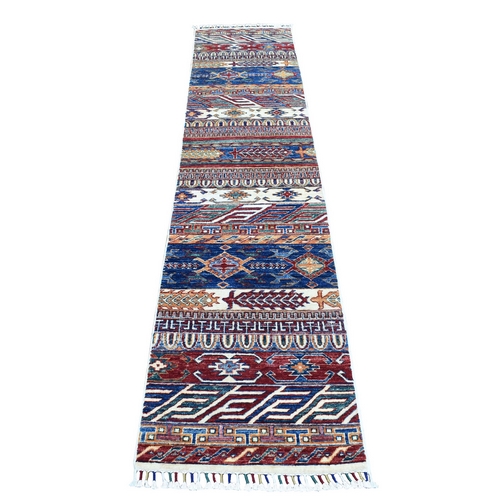 Khorjin Design Runner Blue Super Kazak Tribal Pure Wool Hand Knotted Oriental Rug 