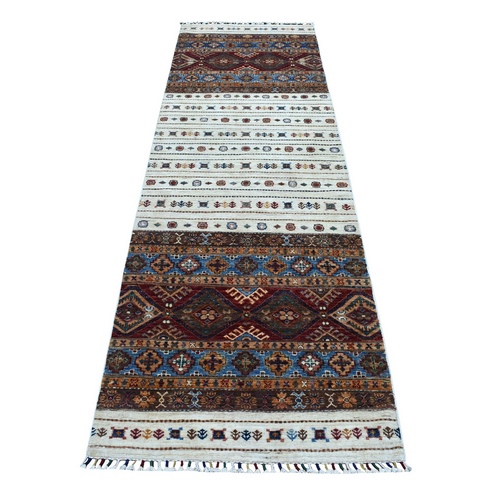 Ivory Khorjin Design Runner Super Kazak Geometric Hand Knotted Pure Wool Oriental Rug 