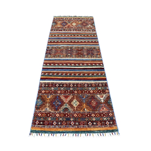 Red Khorjin Design Runner Super Kazak Geometric Pure Wool Hand Knotted Oriental Rug 