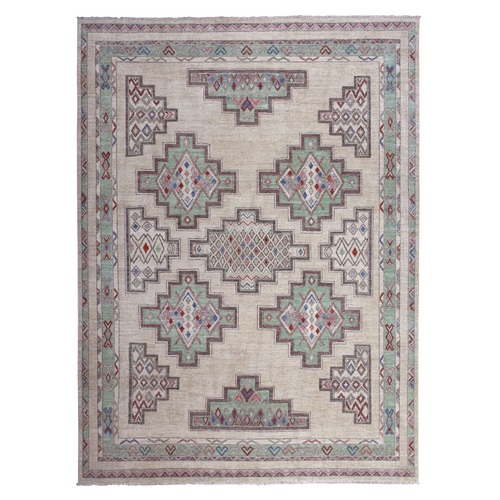 Peshawar With Intricate Geometric Motifs, Pop Of Color Pure Wool Hand Knotted Oriental 