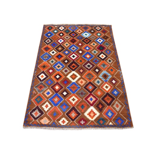 Brown Geometric Design Colorful Afghan Baluch Pure Wool Hand Knotted Oriental 