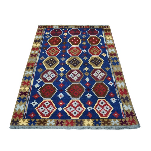 Blue Colorful Afghan Baluch Tribal Deisgn Pure Wool Hand Knotted Oriental Rug 