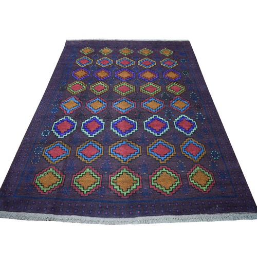 Purple Geometric Design Colorful Afghan Baluch Hand Knotted Pure Wool Oriental 