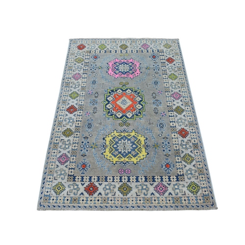 Colorful Gray Fusion Kazak Pure Wool Geometric Design Hand Knotted Oriental 