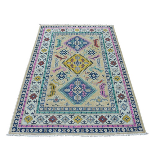 Colorful Beige Fusion Kazak Pure Wool Hand Knotted Oriental 