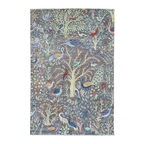 Grey Birds of Paradise Peshawar Pure Wool Hand Knotted Oriental Rug Grey Birds of Paradise Peshawar Pure Wool Hand Knotted Oriental Rug