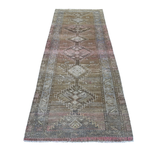 Vintage And Worn Down Persian Shiraz Wide Runner Hand Knotted Bohemian 