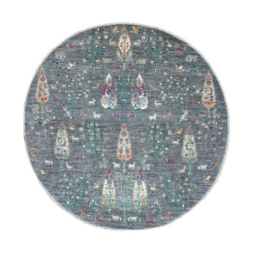 Round Folk Art Willow And Cypress Tree Design Hand Knotted Borderless Oriental Rug