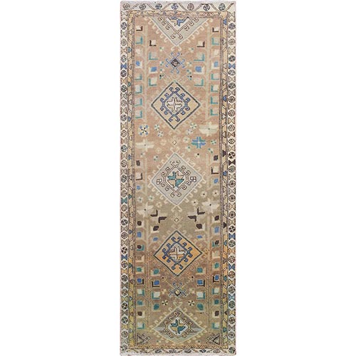 Natural Colors Worn Down and Vintage North West Persian Runner Distressed Hand Knotted Oriental 