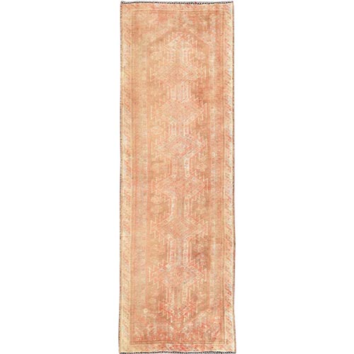Worn Down Wide Runner Faded Out Design Vintage Persian Shiraz with Peach Distressed Hand Knotted Clean Oriental 