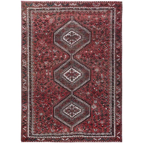 Red Vintage and Worn Down Geometric Design Persian Shiraz Clean Hand Knotted Oriental 