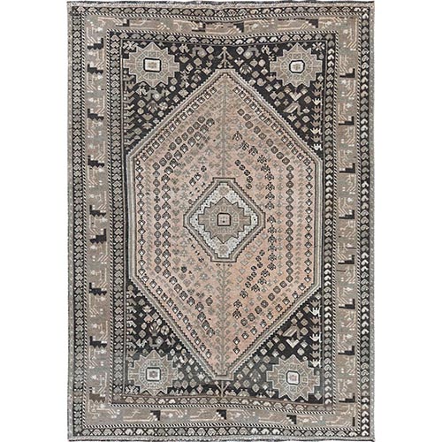 Earth Tones Colors Vintage and Cropped Thin Persian Shiraz Geometric Design Clean Hand Knotted Oriental 