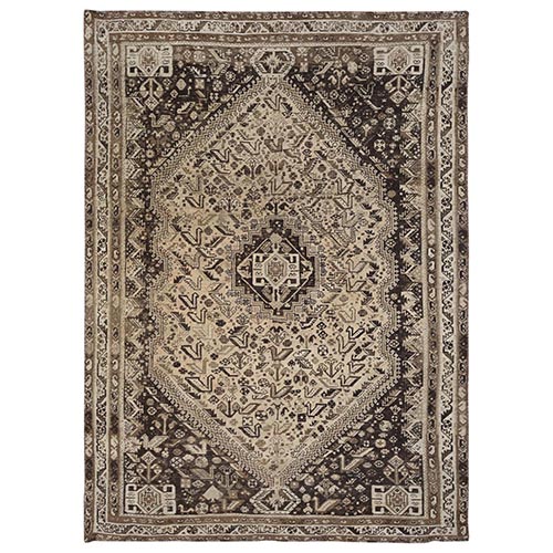 Semi Antique Taupe Distressed Hand Knotted Persian Shiraz Bohemian Worn Down Clean Natural Wool Clean Oriental 