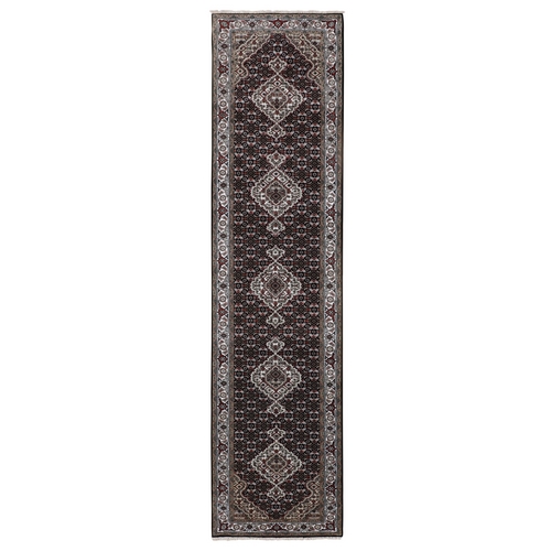 Black Tabriz Mahi Fish Design Wool And Silk Runner Hand Knotted Oriental Rug