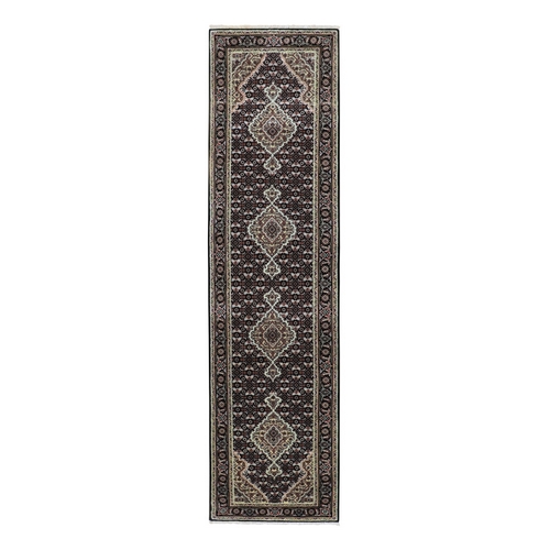 Black Tabriz Mahi Fish Design Wool And Silk Runner Hand Knotted Oriental Rug Black Tabriz Mahi Fish Design Wool And Silk Runner Hand Knotted Oriental Rug
