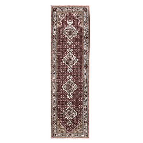 Red Tabriz Mahi Fish Design Wool And Silk Runner Hand Knotted Oriental Rug