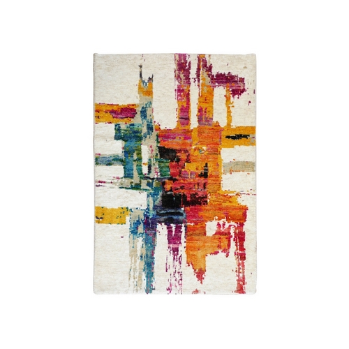 Colorful Abstract Motifs Sari Silk Hand Knotted Oriental Rug Colorful Abstract Motifs Sari Silk Hand Knotted Oriental Rug