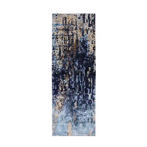 Blue Mosaic Design Runner Wool and Silk Hand Knotted Oriental Rug Blue Mosaic Design Runner Wool and Silk Hand Knotted Oriental Rug